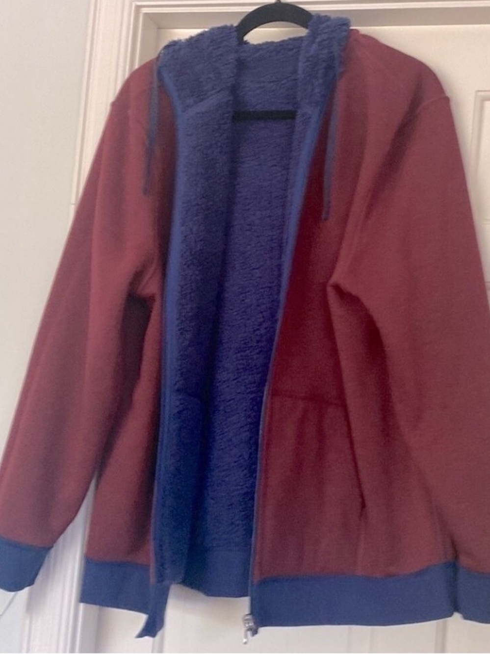 Full Zip Up Fuzzy Fleece + Sweatshirt Hoodie 2 in 1 Reversible Indigo Burgundy